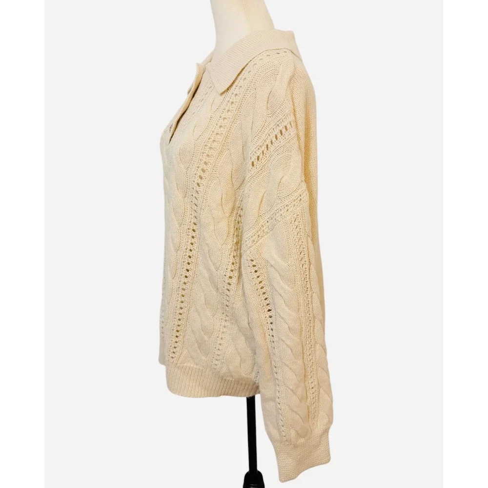Cleo XXL Cream Cable Knit Collared Sweater with Rhinestone Buttons - Picture 6 of 9